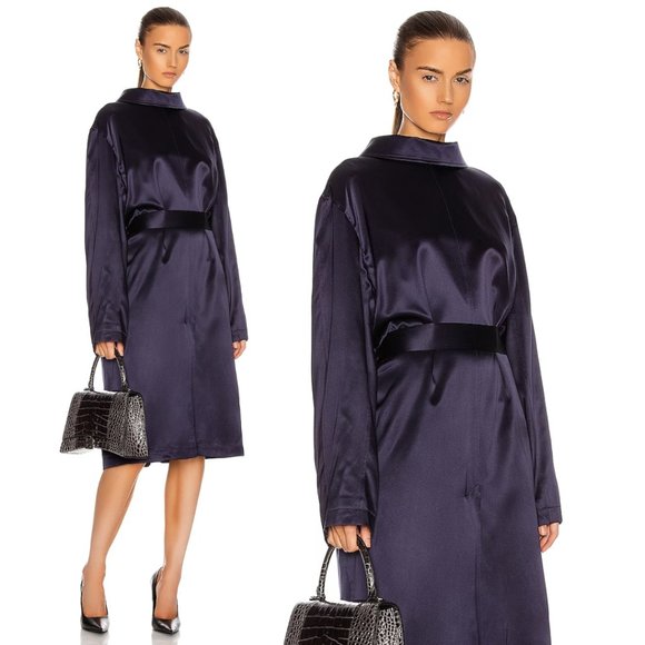 Balenciaga Midi Dress Sz 34 Silk Navy Back To Front Long Sleeve Belted - Picture 1 of 2